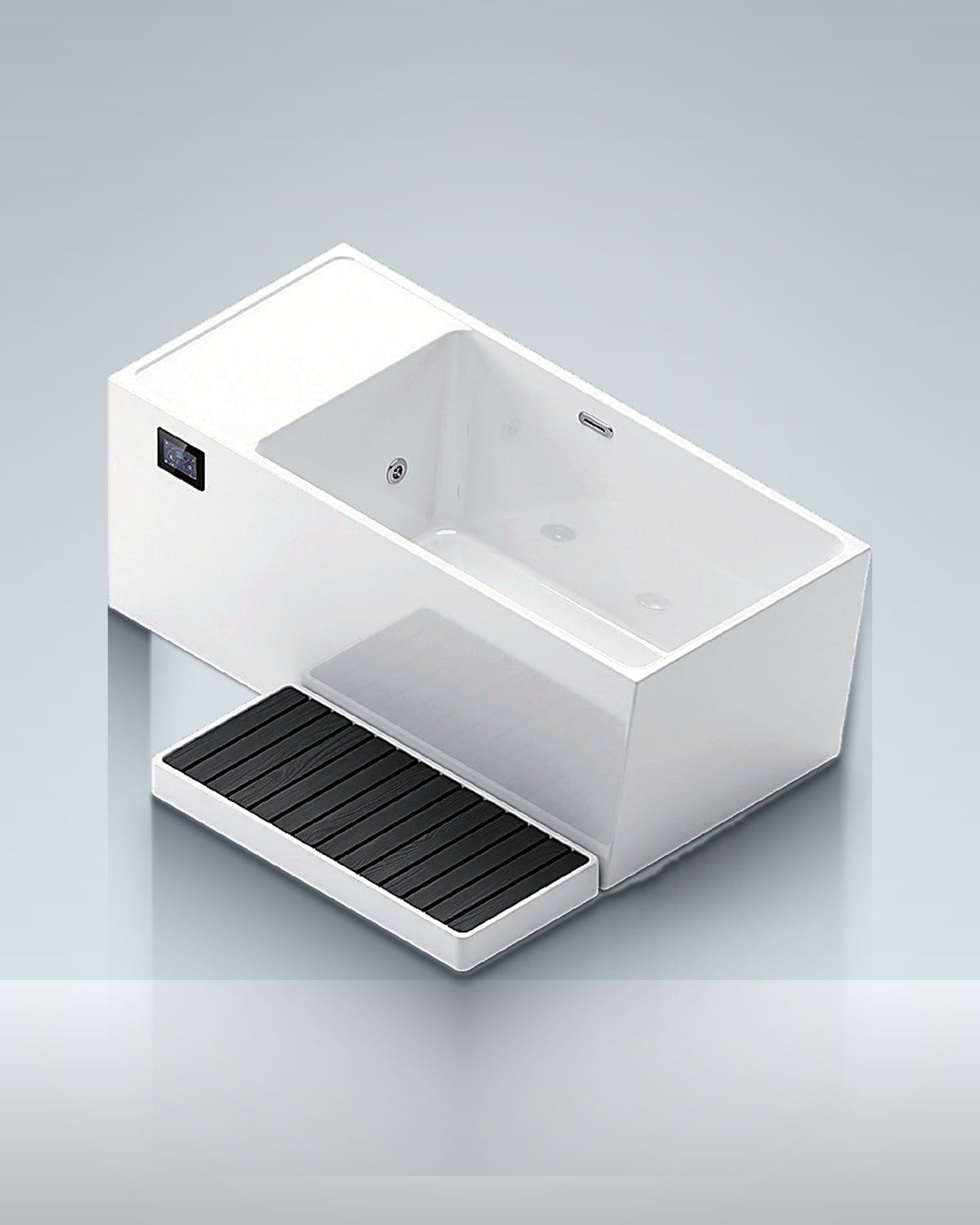 Acrylic 1: a white acrylic all-in-one with a step mat and a built-in chiller, studio photo.