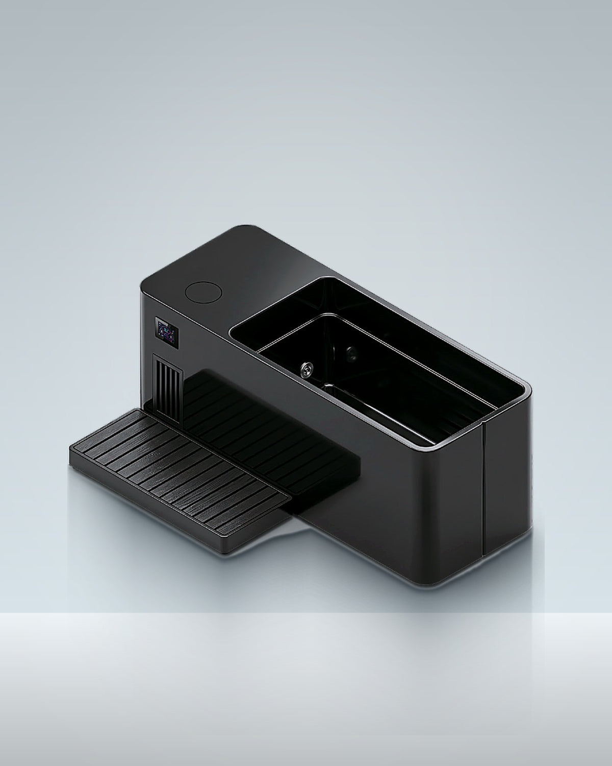 Acrylic 2: a black acrylic all-in-one with a step and a built-in chiller, studio photo.