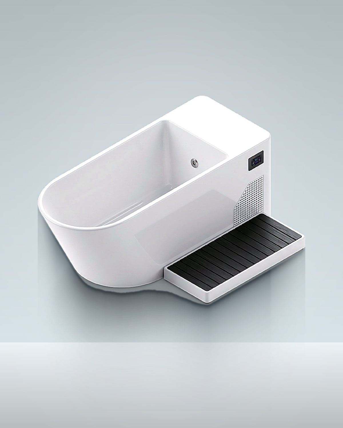 Acrylic 4: a rounded white acrylic all-in-one, chiller inside, studio photo.
