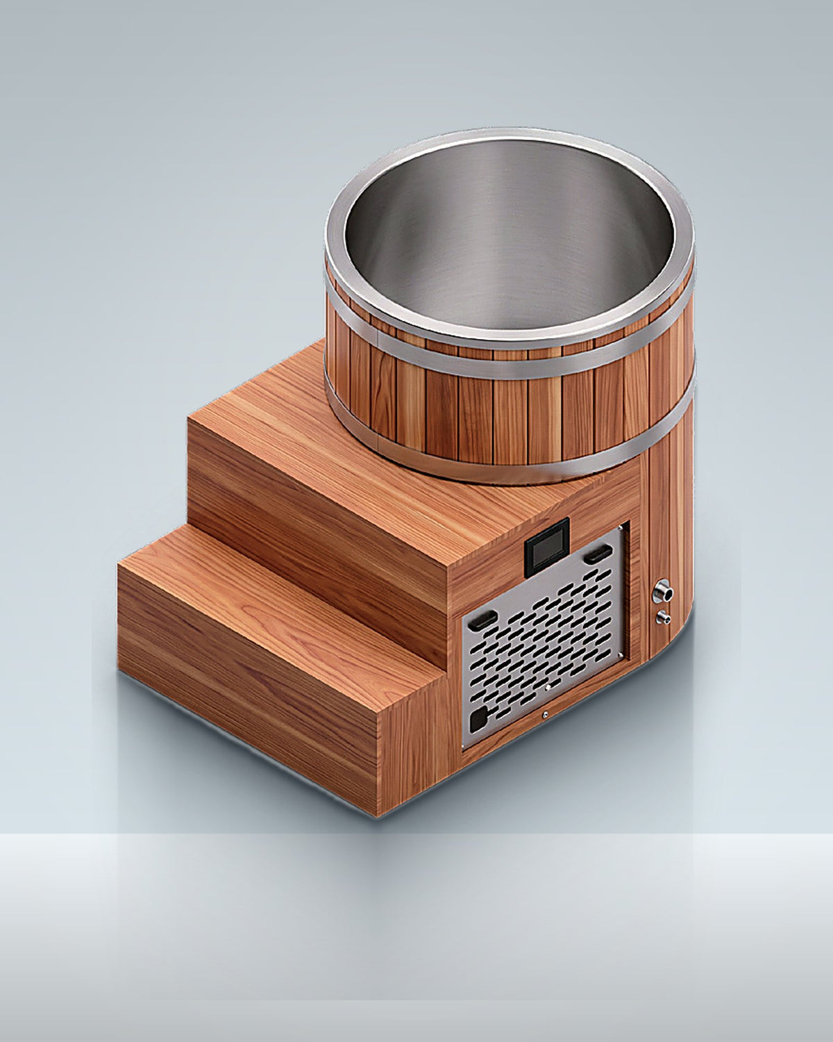 Barrel 1: a timber barrel on a stepped base, chiller built into the base, studio photo.