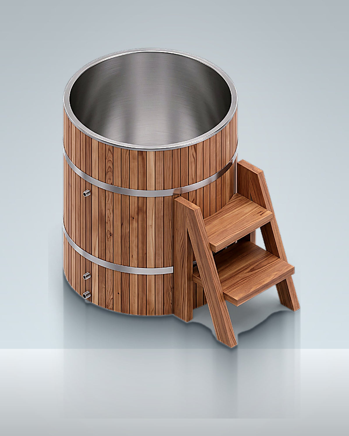 Barrel 2: a timber barrel with its own ladder, studio photo.