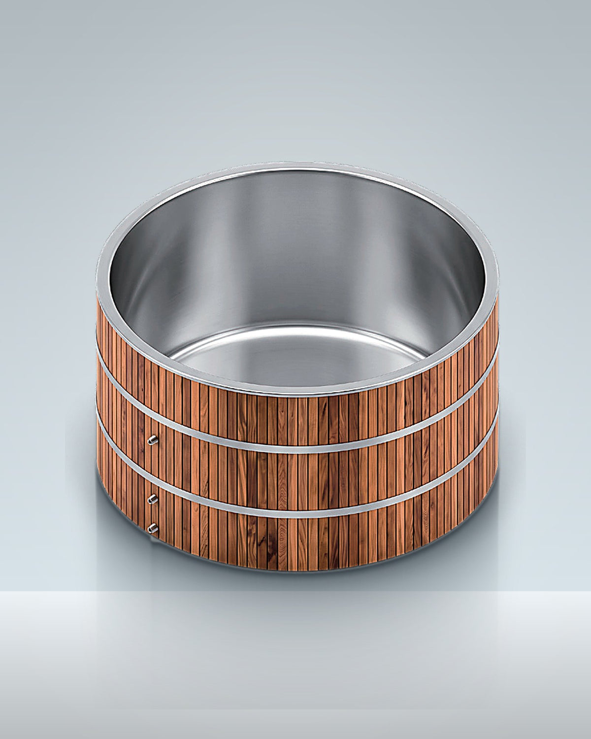 Barrel 3: a round timber-clad barrel with a steel liner, studio photo.