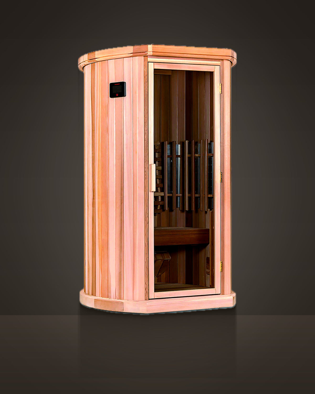 Canto 1: indoor corner sauna, red cedar, vertical boards. Glass door on a canted front.