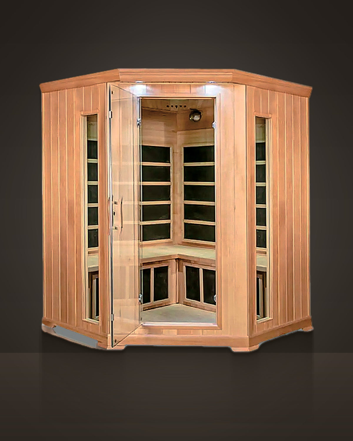 Canto 5: indoor corner sauna, pale timber, vertical boards, crown moulding. Frameless glass door and two narrow side windows.