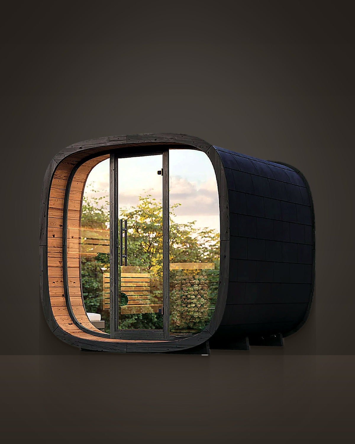 Cove Char 4: outdoor rounded sauna, black shingled exterior, red cedar inside. Full glass front with a black-framed door.