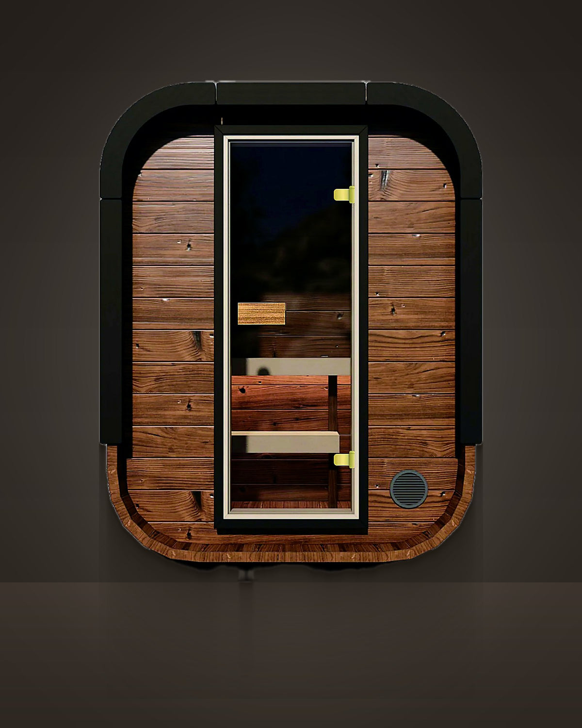 Cove Umber 2: outdoor rounded sauna, dark knotted timber with black rounded trim. Tinted full-height glass door.