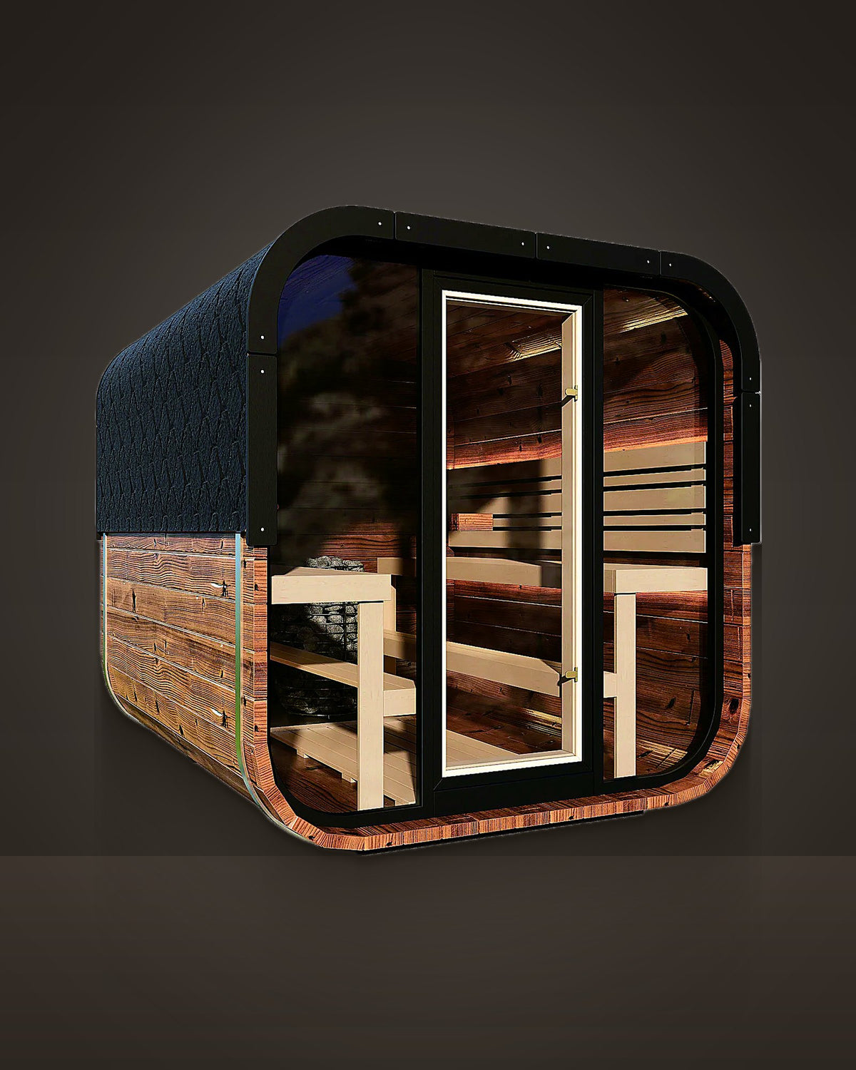 Cove Umber 4: outdoor rounded sauna, dark knotted timber, black rounded trim, shingle roof. Rounded panoramic glass front with a central door.