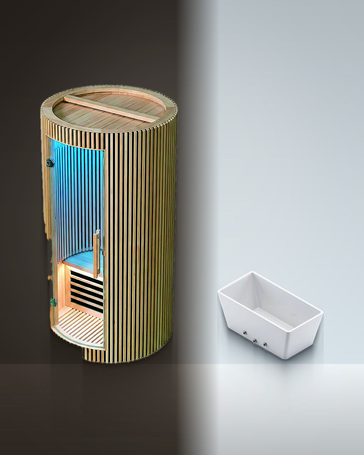 Diptych 1: Rotunda 1 and Tub 1 side by side, studio photo.