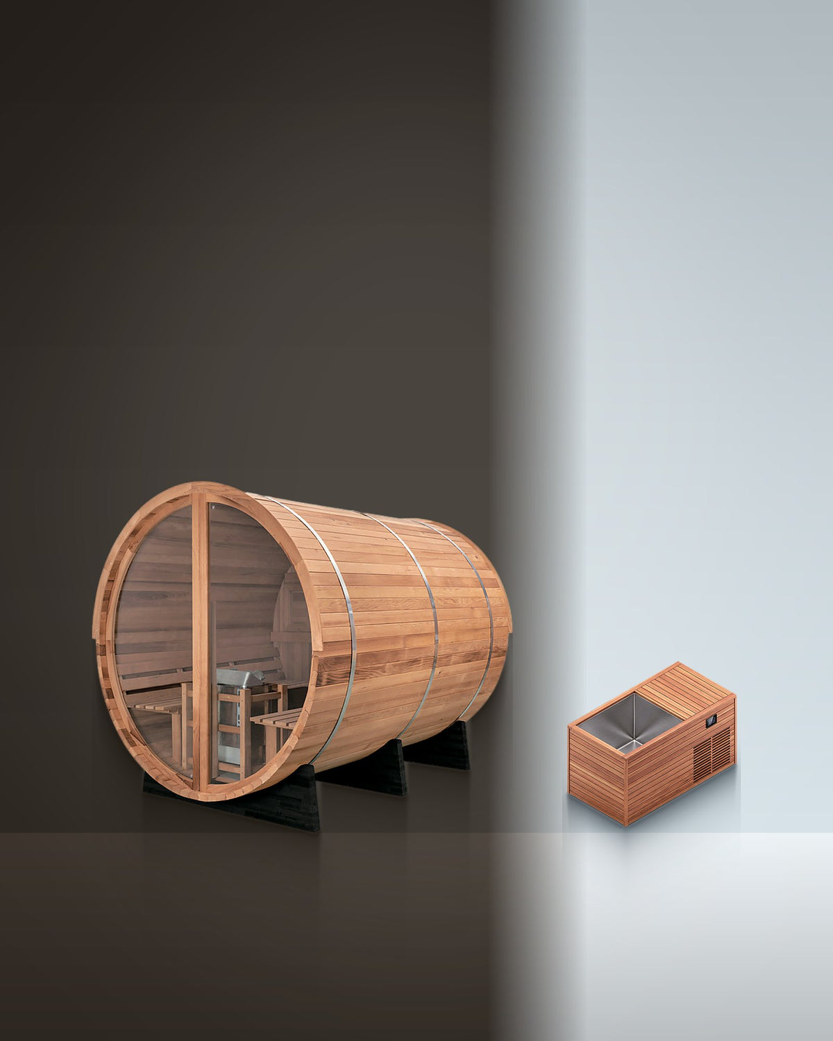 Diptych 6: Tondo Glass 6 and Premium 1 side by side, studio photo.