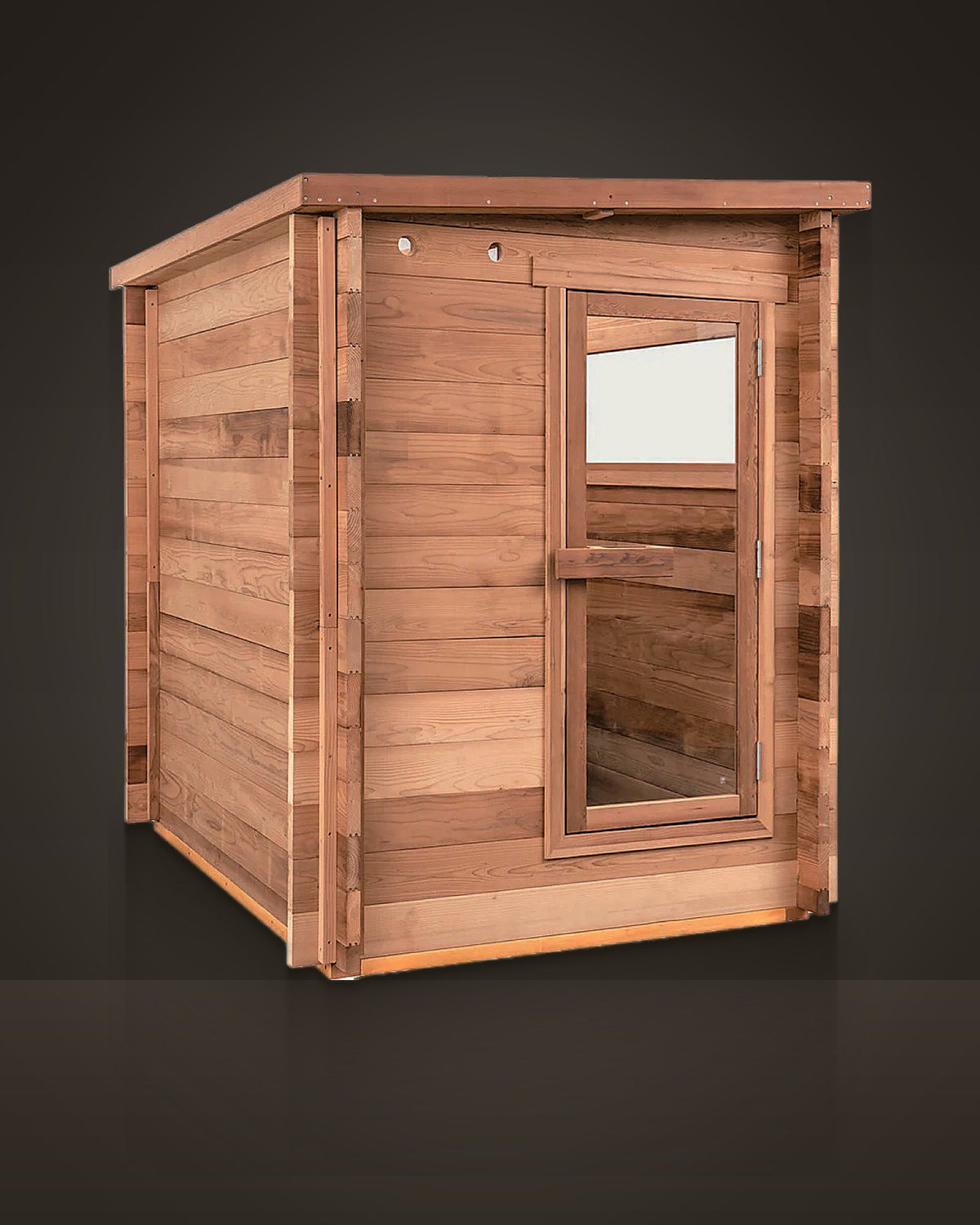Eave 3: outdoor pitched-roof sauna, red cedar with interlocking corners. Glazed timber door.