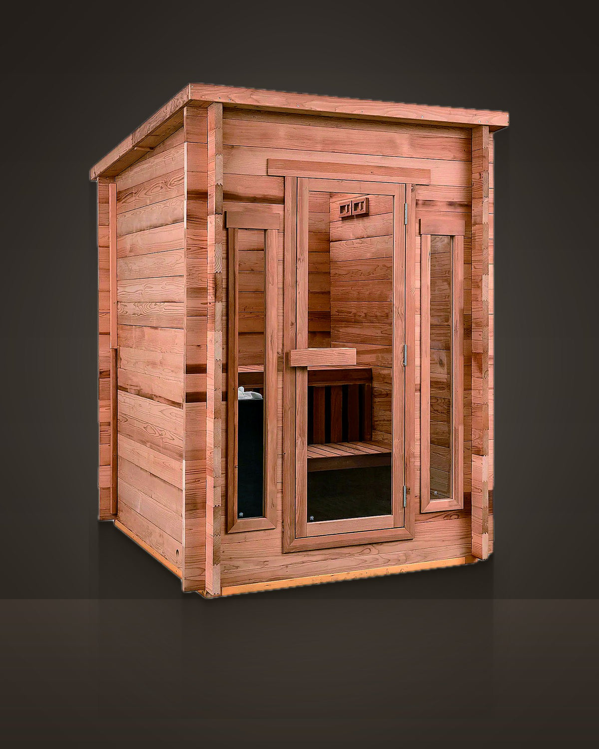Eave Cedar 4: outdoor pitched-roof sauna, red cedar with interlocking corners. Glass door between two narrow windows.