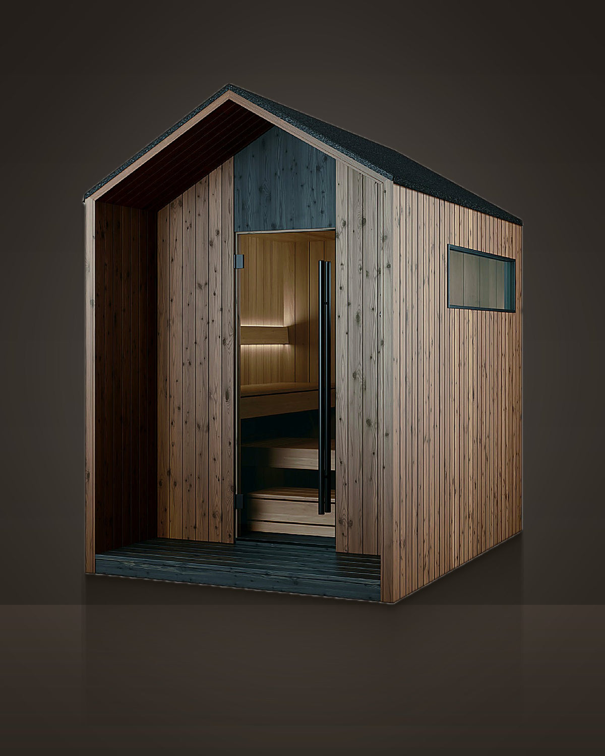 Eave Gable 6: outdoor pitched-roof sauna, brown boards, black accent panel, black shingle gable roof. Bronze-tinted glass door and a ribbon window.