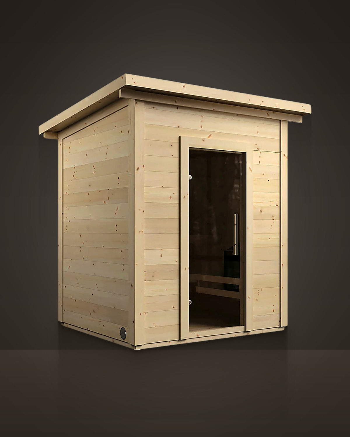 Eave Pale 4: outdoor pitched-roof sauna, pale knotted timber, natural. Tinted full-height glass door.
