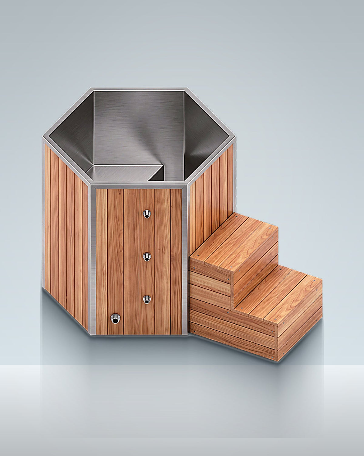 Hex 1: a six-sided timber bath with built-in steps, studio photo.