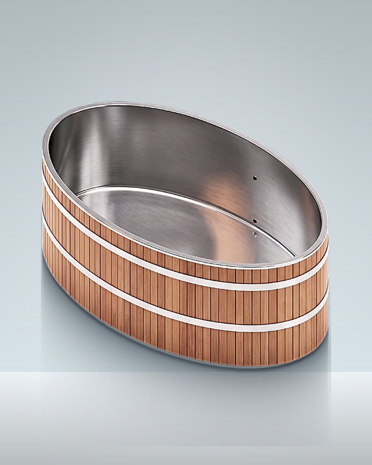 Oval 1: an oval timber-clad bath with a steel liner, studio photo.