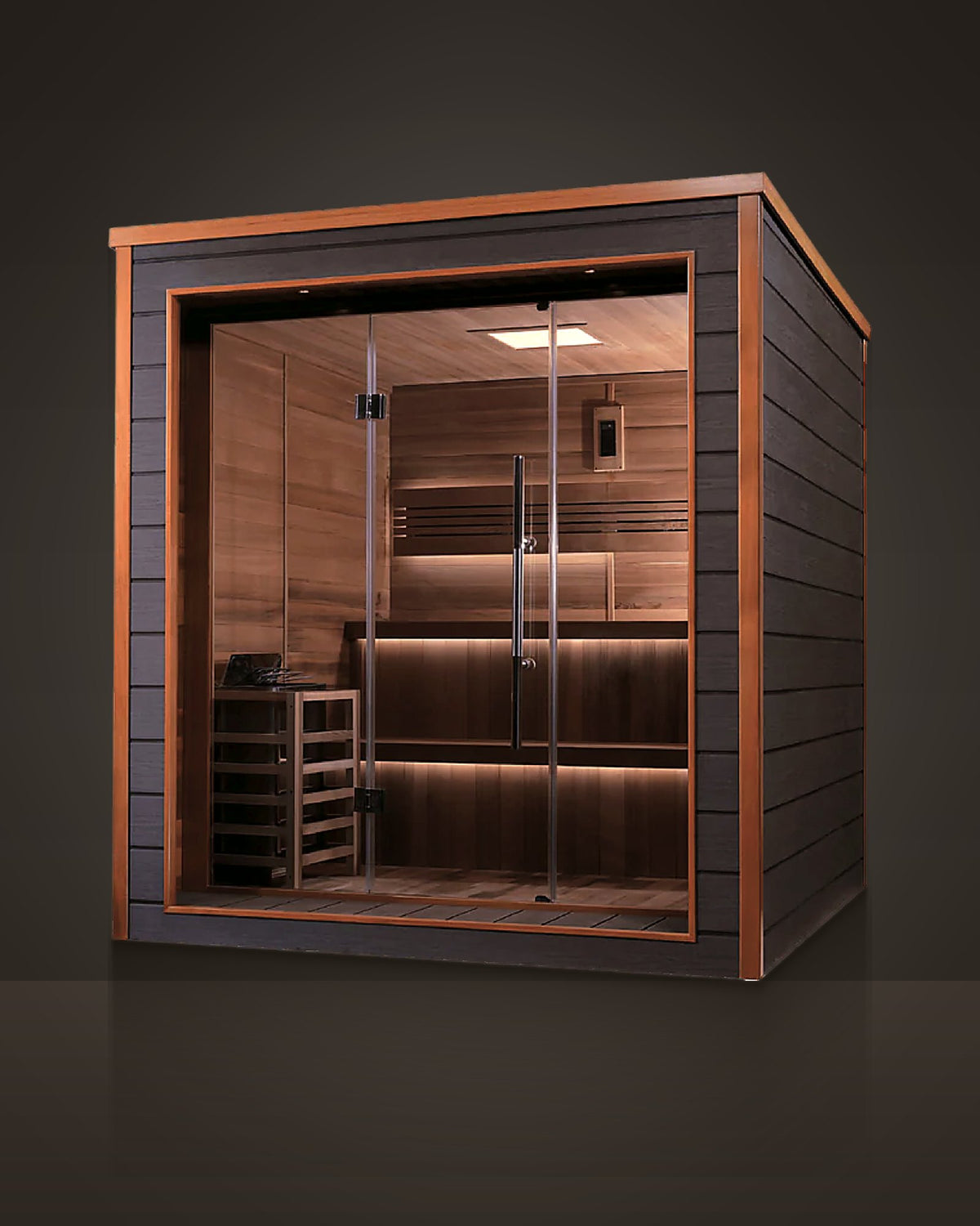 Pavilion 6: outdoor cabin sauna, dark grey cladding edged in cedar; cedar inside. Full glass front with a frameless double door.