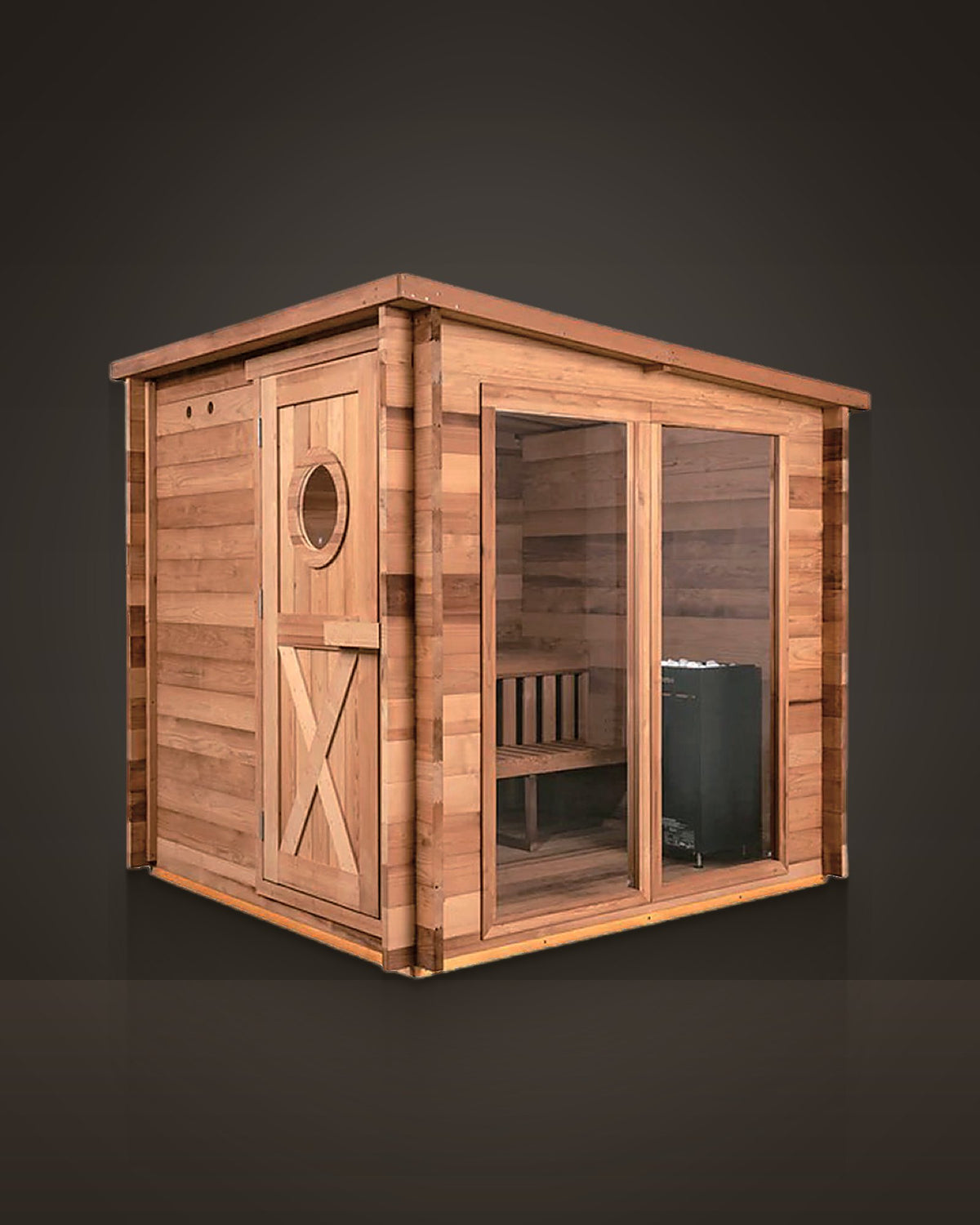 Pavilion 8: outdoor cabin sauna, mixed-tone red cedar, interlocking corners. Two-pane picture window; porthole in the door.