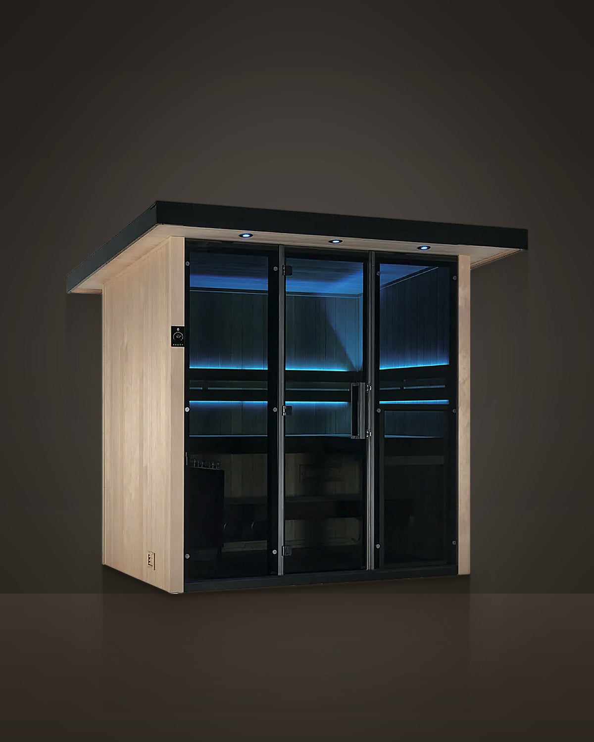 Pavilion Black 4: outdoor cabin sauna, pale timber sides, black roof and black-framed front. Full glass front: three smoked panels.