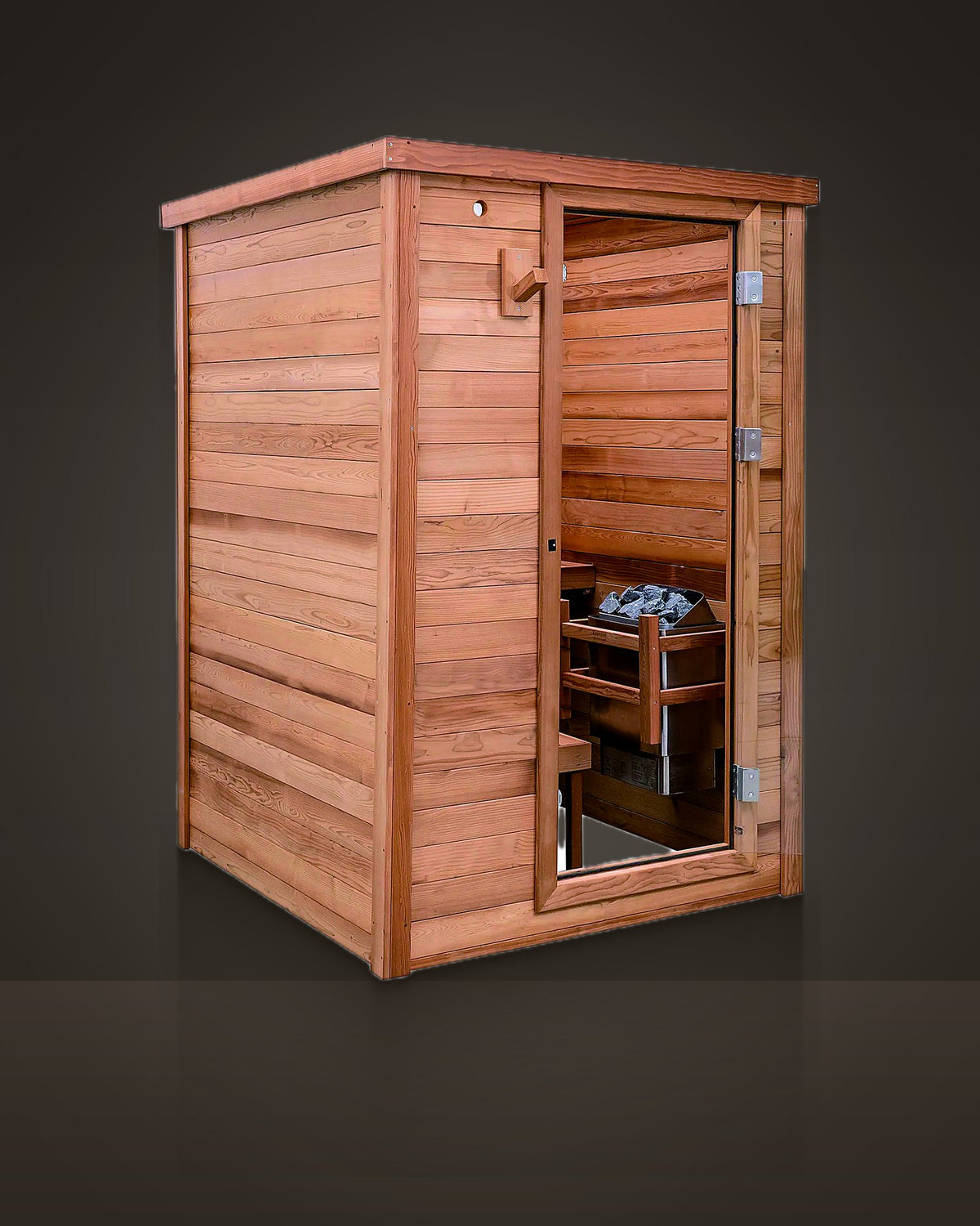Pavilion Cedar 3: outdoor cabin sauna, red cedar, flat roof with a slight overhang. Single glass door.