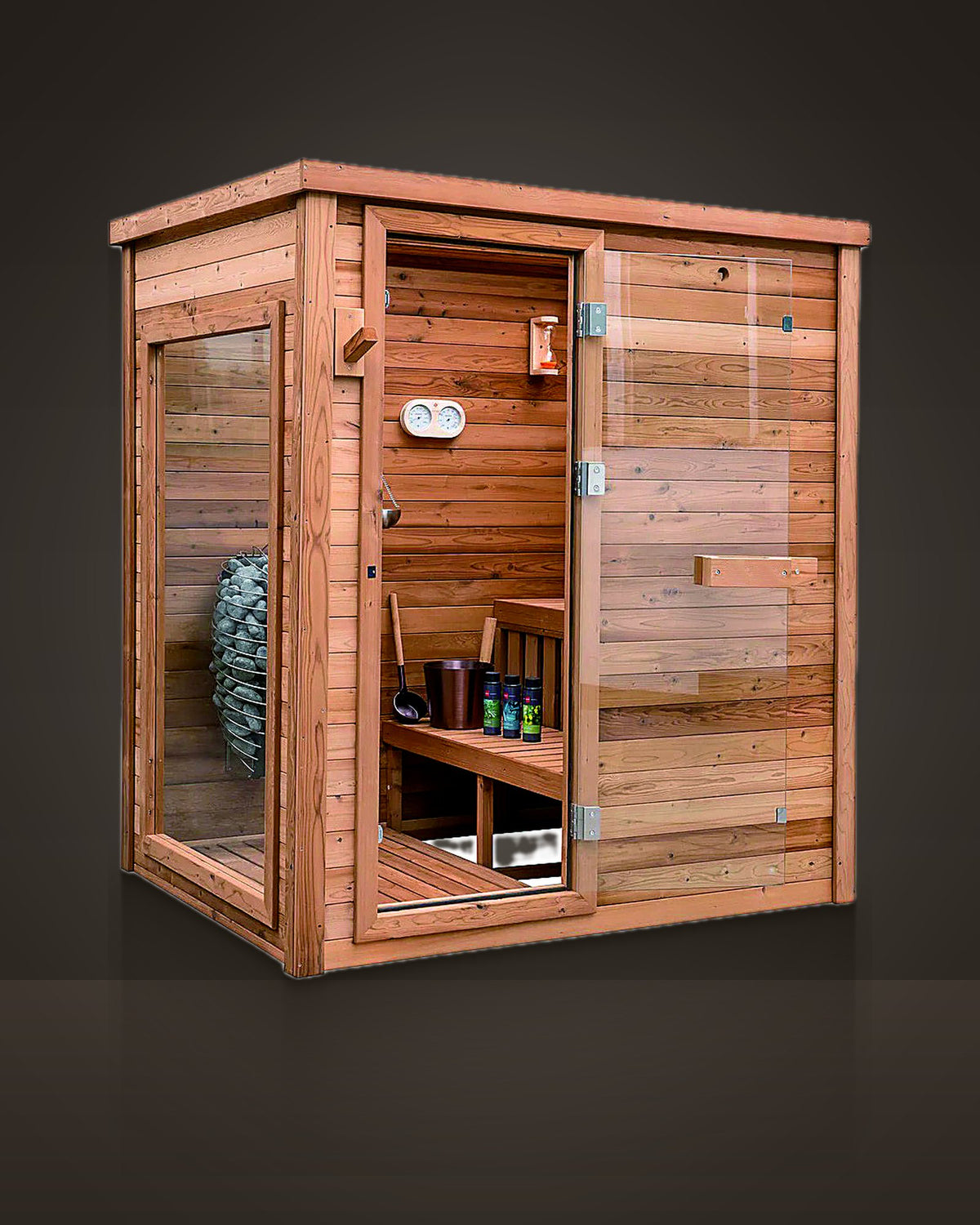 Pavilion Glass 3: outdoor cabin sauna, red cedar, flat roof with overhang. Glass door and a full-height side window.