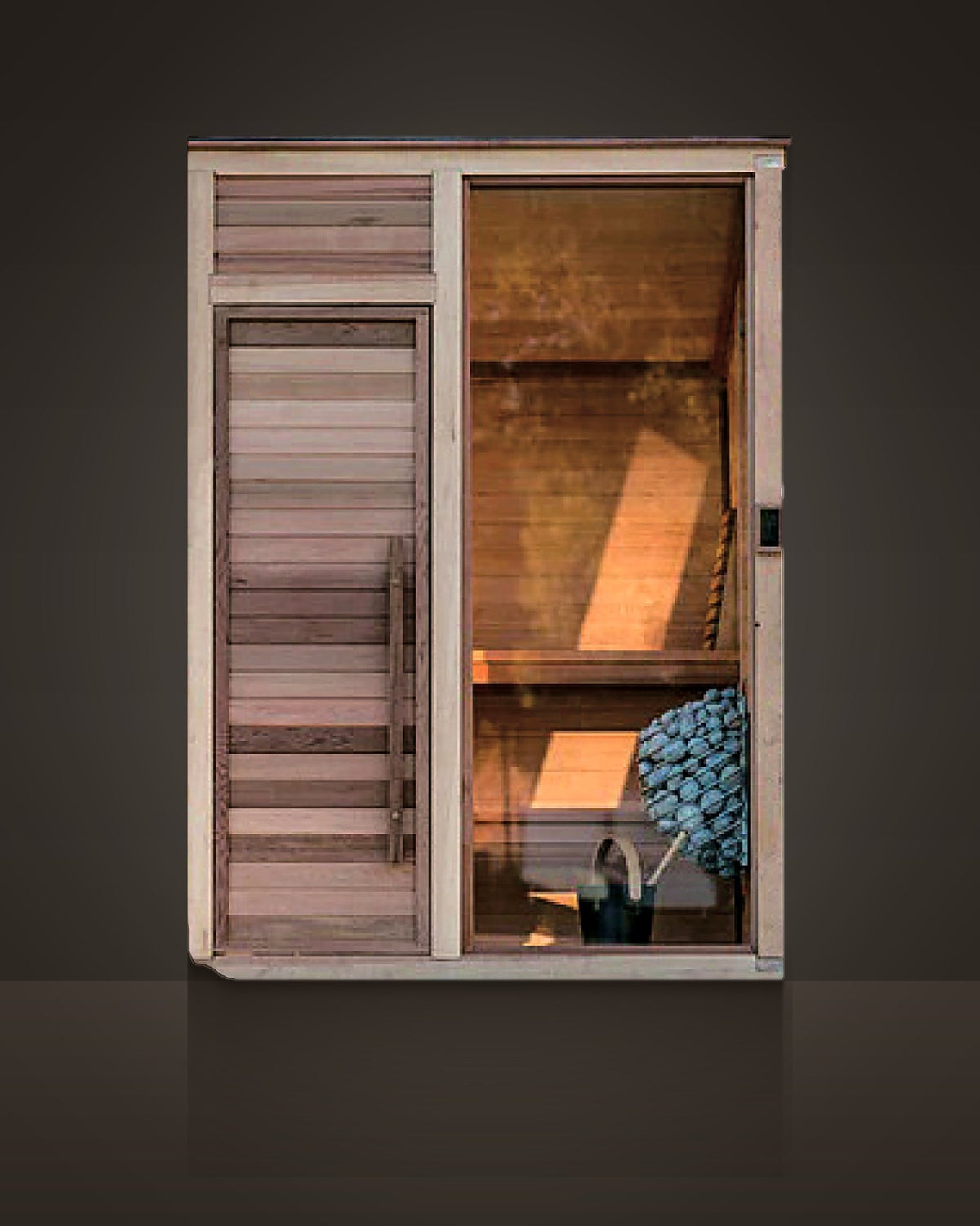 Pavilion Pale 2: outdoor cabin sauna, weathered pale cedar, horizontal boards. Fixed glass panel beside a solid timber door.
