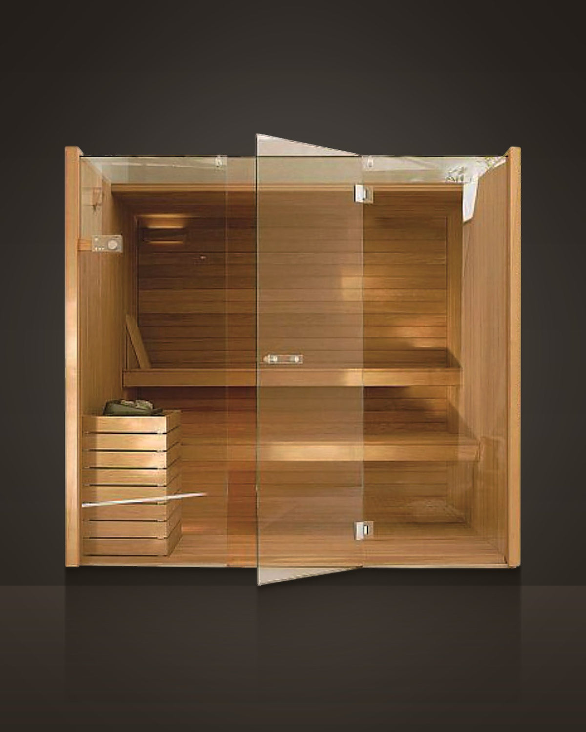 Pavilion Pale 4: outdoor cabin sauna, pale golden timber. Frameless glass front.
