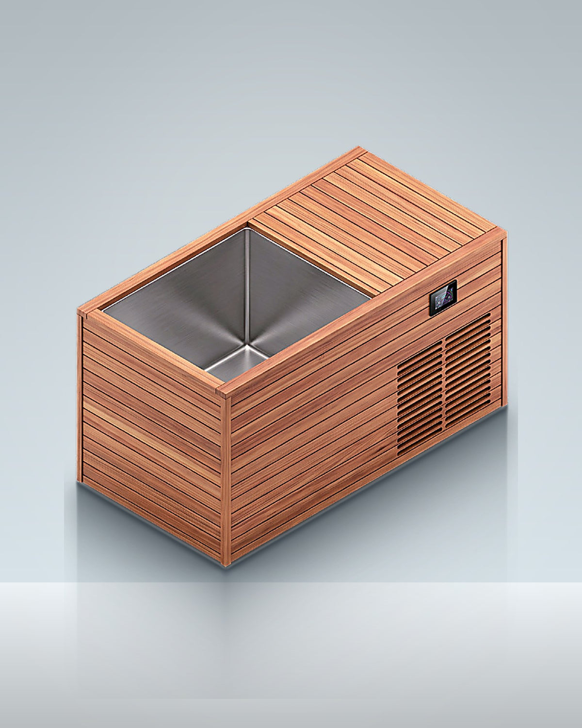 Premium 1: timber-clad all round, steel inside, chiller built in, studio photo.