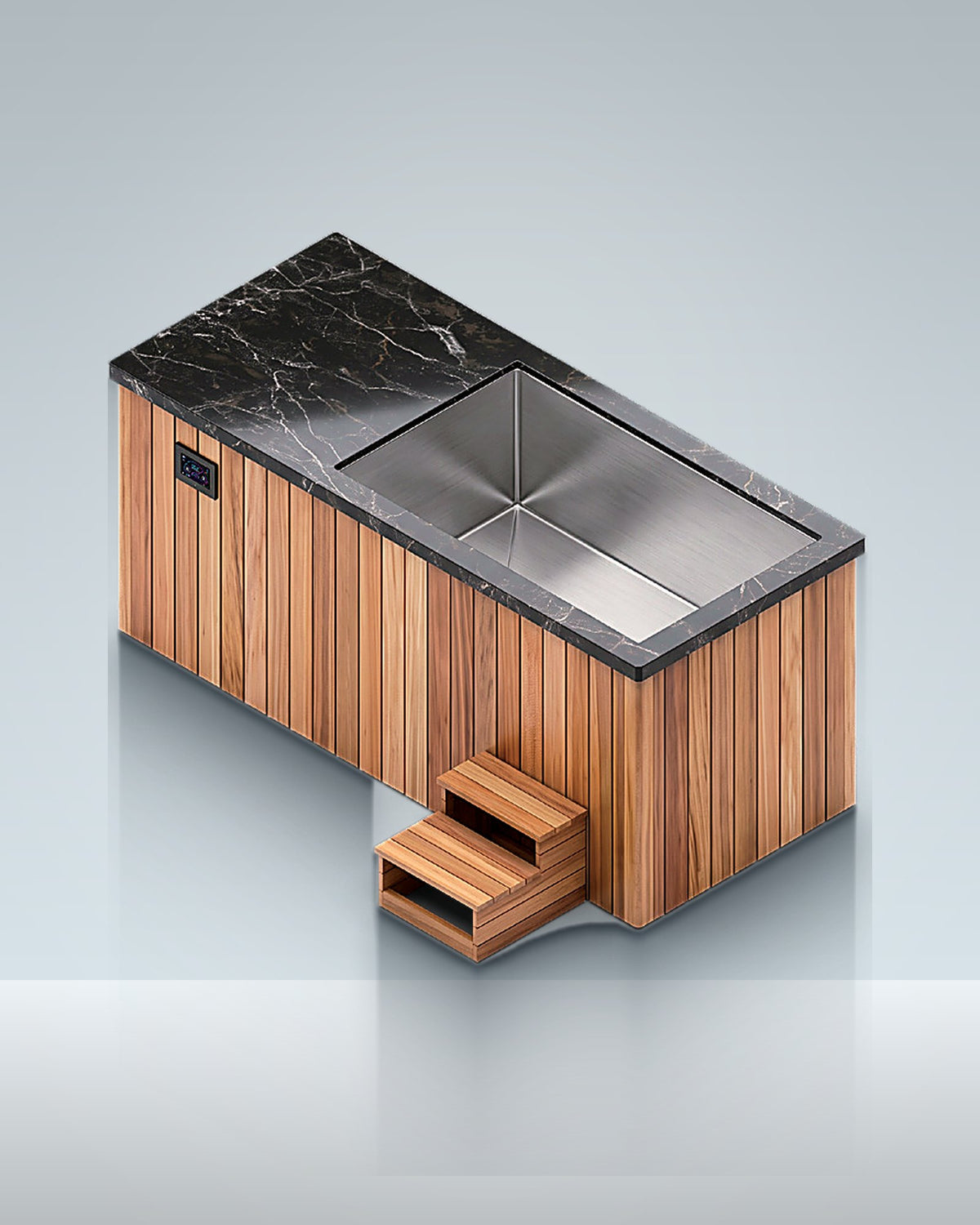 Premium 2: timber-clad with a black marble top and steps, chiller built in, studio photo.