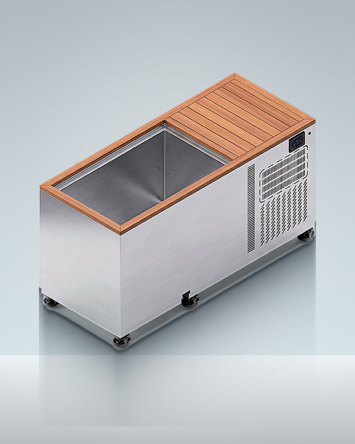 Premium 4: steel with a timber top over the chiller, studio photo.