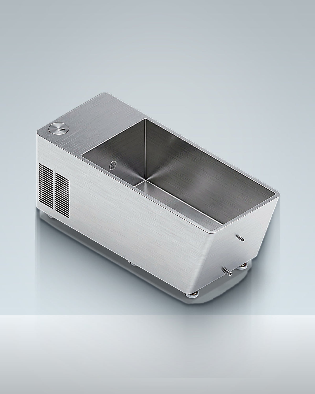 Premium 5: a brushed steel all-in-one, chiller and filter in the end, studio photo.