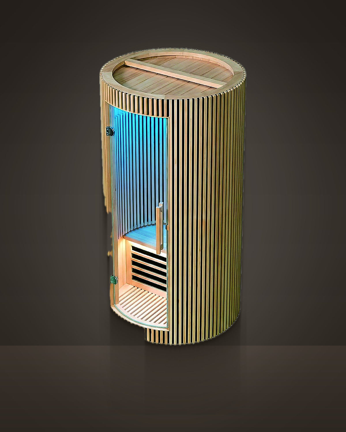 Rotunda 1: indoor column sauna, light cedar slats around a round column. Curved full-height glass door.
