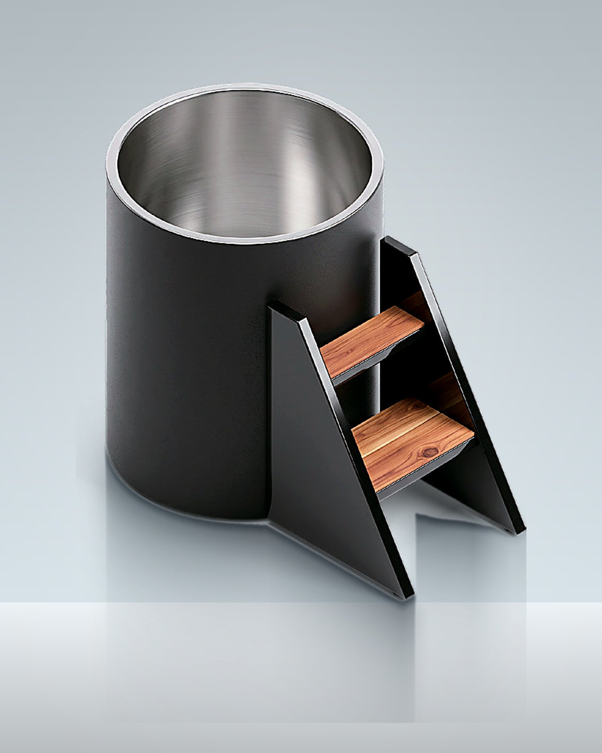 Step-in 2: a black cylinder with steps up, chiller built in, studio photo.