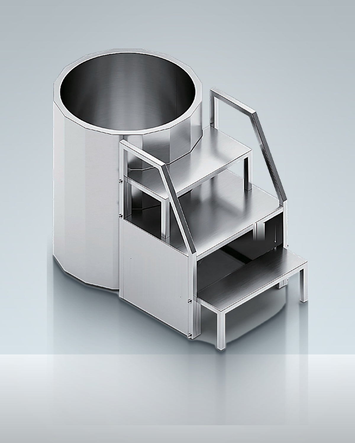 Step-in 3: a white cylinder with steel steps and a rail, chiller built in, studio photo.