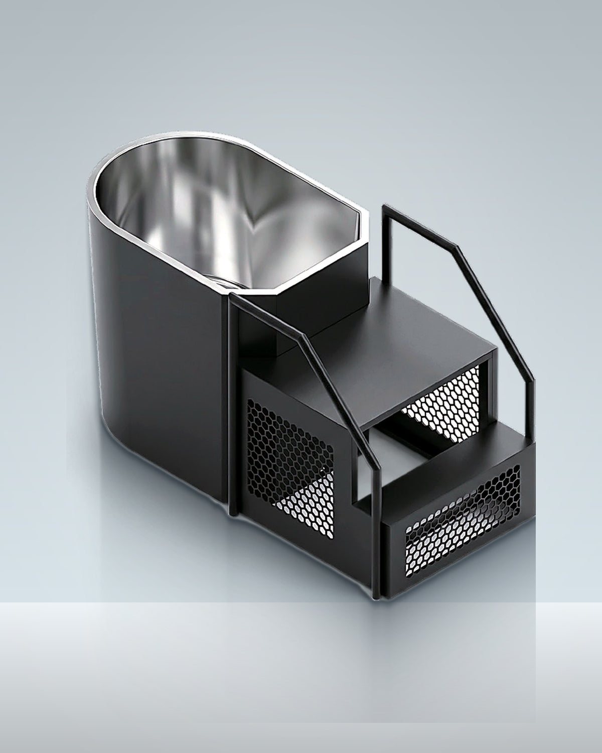 Step-in 4: a black steel bath with a rail and steps, chiller inside, studio photo.