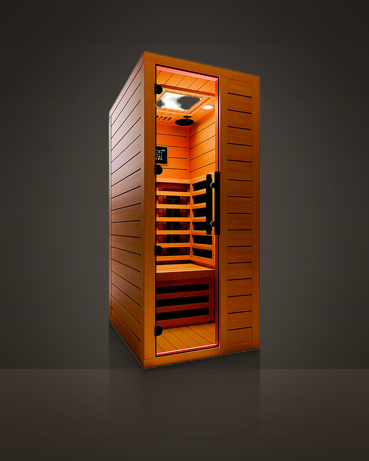 Studio Cedar 1: indoor cabin sauna, red cedar, horizontal boards with shadow gaps. Full-height glass door, black hardware.