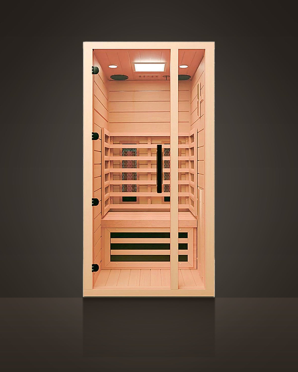 Studio Cedar 2: indoor cabin sauna, light timber, black hardware. Glass door and a fixed side pane.