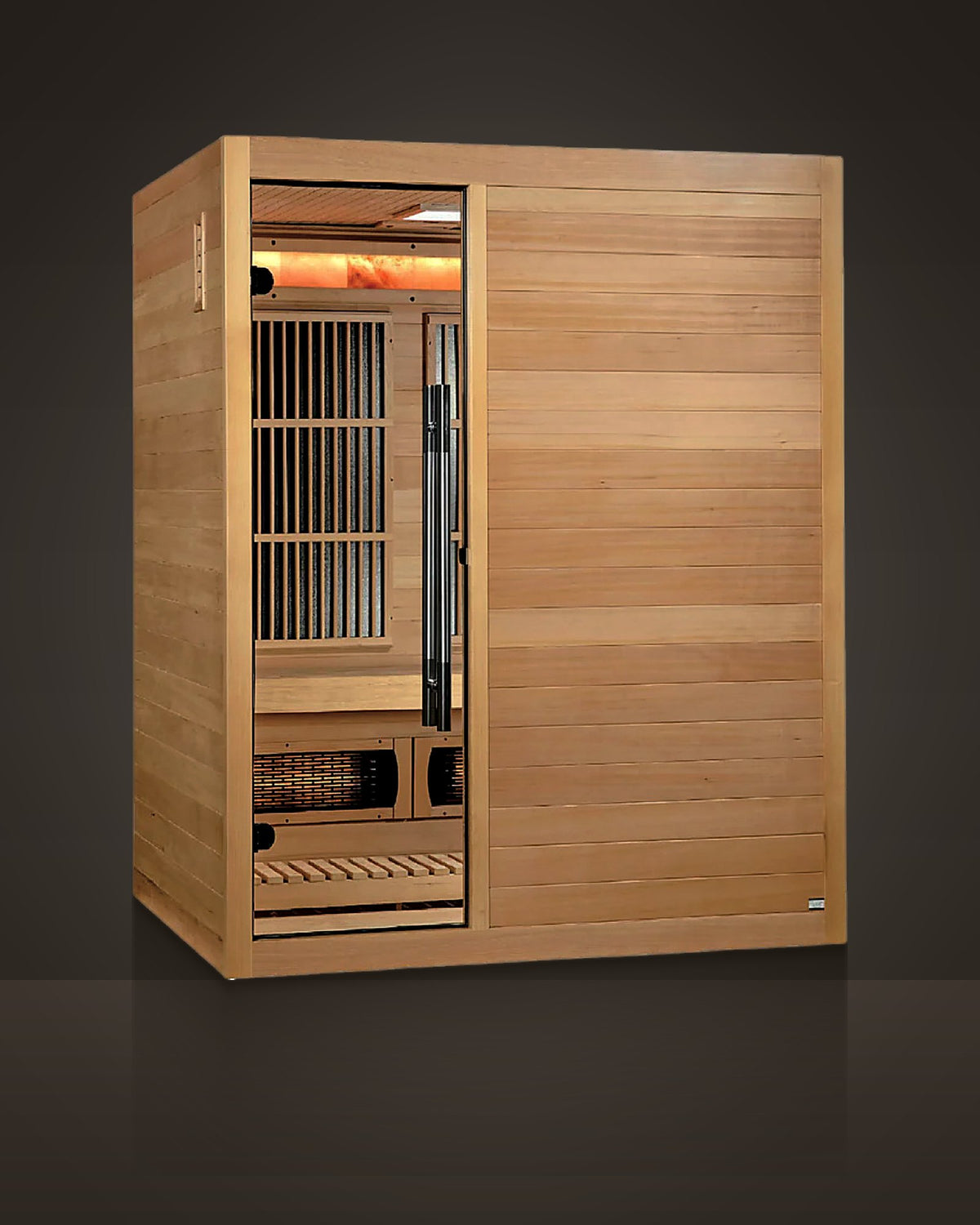 Studio Cedar 3: indoor cabin sauna, light red cedar, horizontal boards. Narrow full-height glass door.