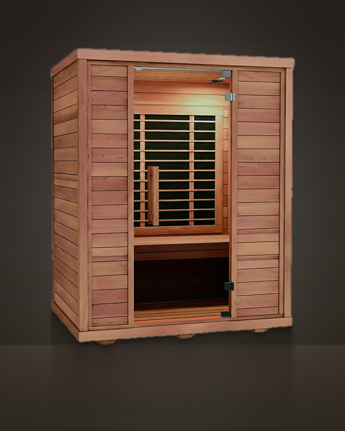 Studio Cedar 4: indoor cabin sauna, red cedar, frame-and-panel front. Single glass door.