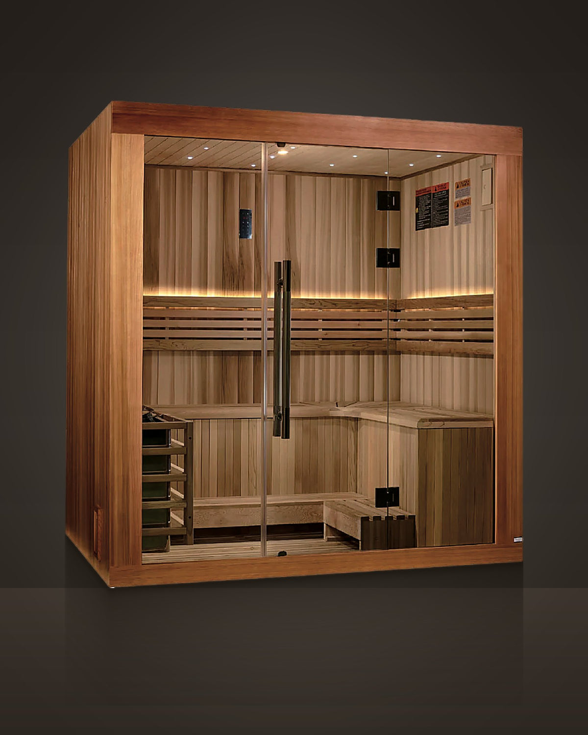 Studio Glass 3: indoor cabin sauna, red cedar, solid cedar frame. Full glass front: two fixed panes and a glass door.
