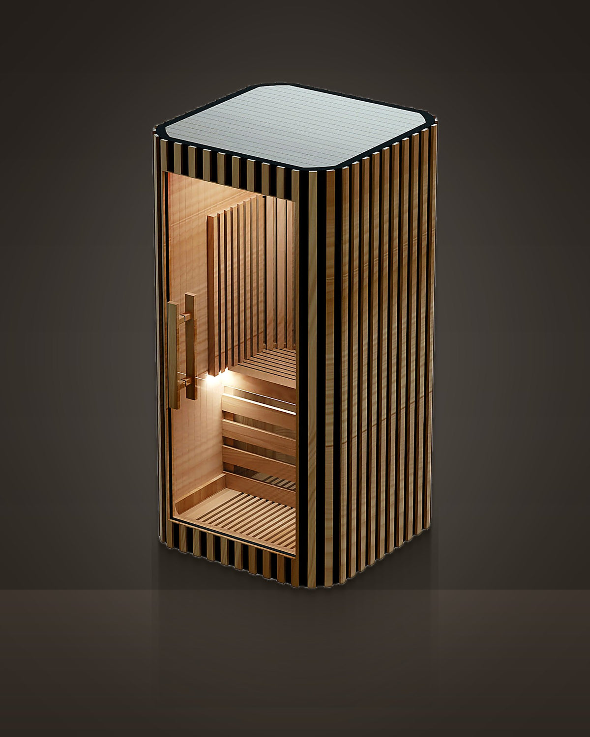 Studio Line 1: indoor cabin sauna, cedar slats over a black ground, rounded corners. Full-height glass door.