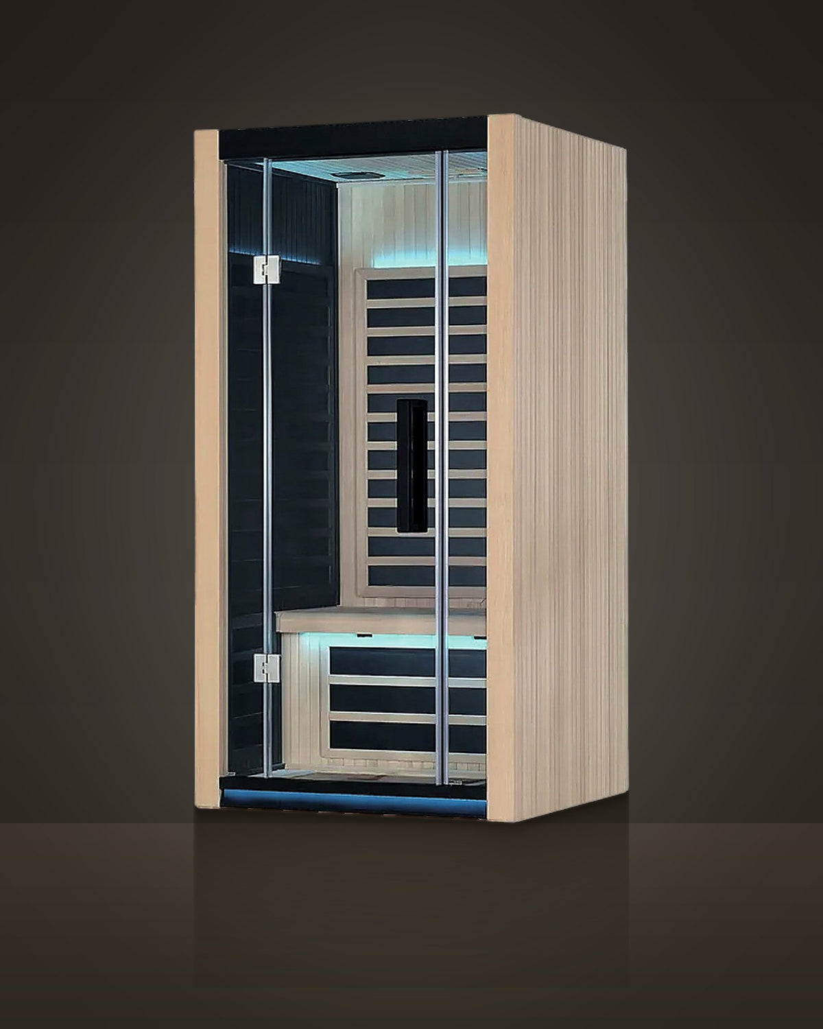 Studio Pale 1: indoor cabin sauna, pale timber with a black fascia and base. Frameless glass front.
