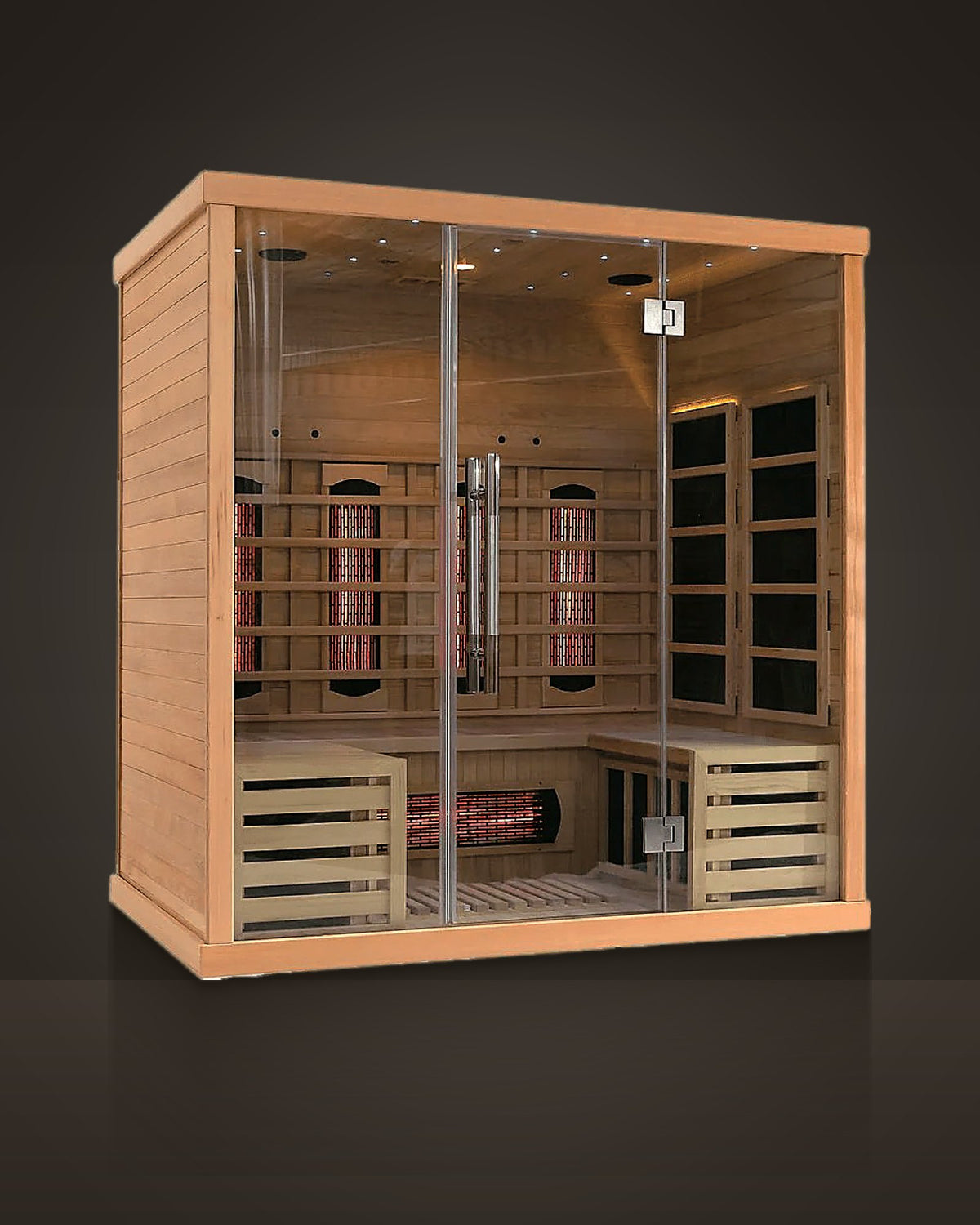Studio Pale 4: indoor cabin sauna, pale timber, horizontal boards. Full glass front, frameless double doors.