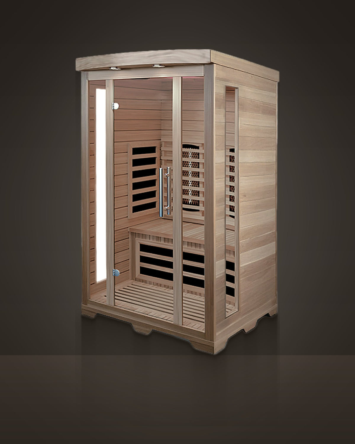 Studio Plinth 3: indoor cabin sauna, pale timber on a scalloped plinth. Frameless glass door, fixed pane and narrow side windows.