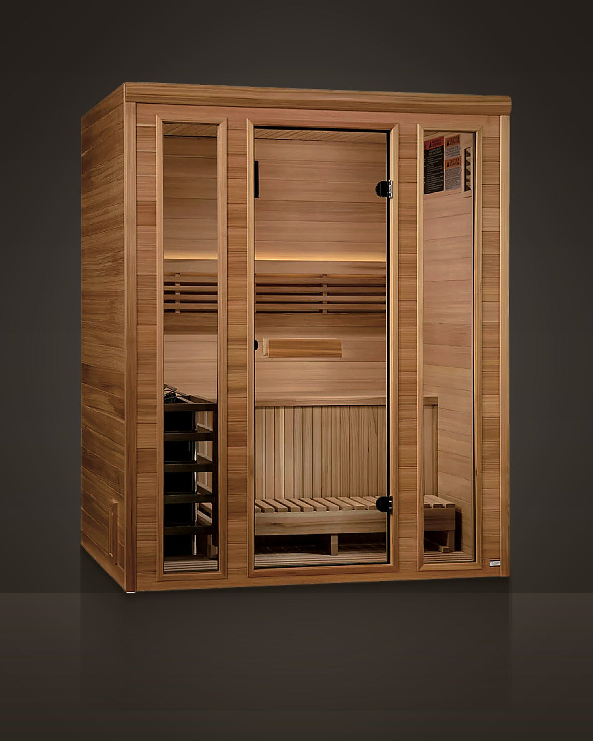 Studio Stone 3: indoor cabin sauna, red cedar inside and out. Glass door between two glass side panels.