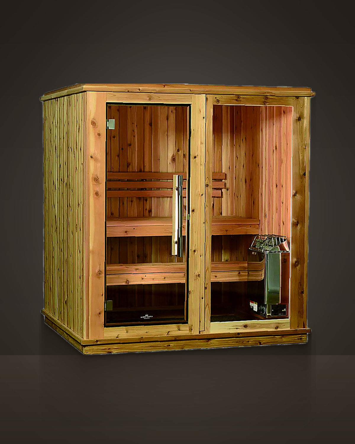 Studio Stone 4: indoor cabin sauna, knotted red cedar, vertical boards. Glass door and a full-height side panel.