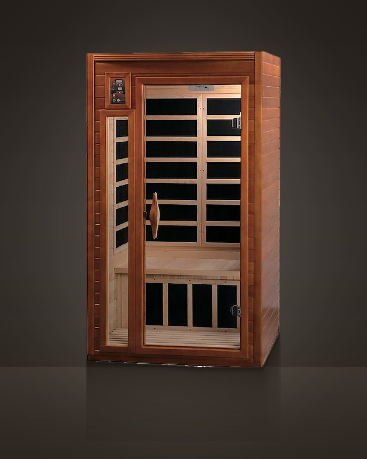Studio Umber 2: indoor cabin sauna, stained red-brown timber with moulded trim. Glass door and a narrow side window.