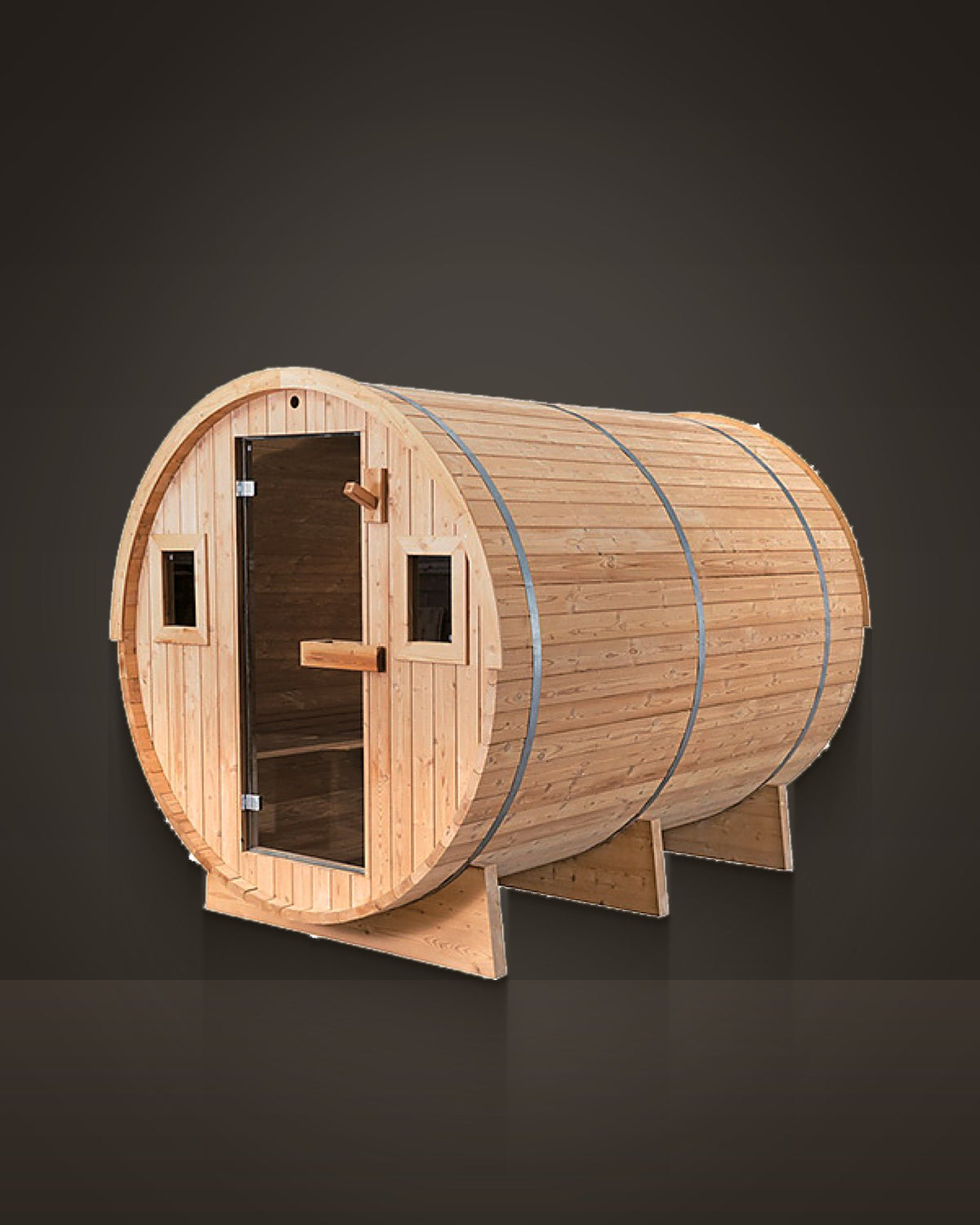 Tondo 8: outdoor barrel sauna, pale staves on timber cradles. Bronze-tinted glass door and two small windows.