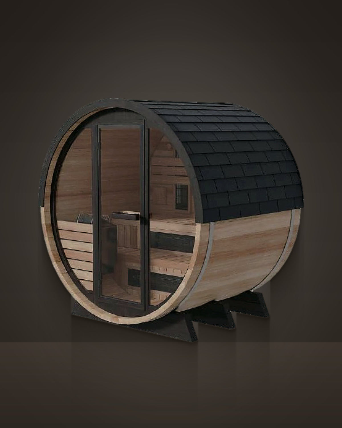Tondo Black 4: outdoor barrel sauna, red cedar staves under a black shingle cap. Full round glass front.