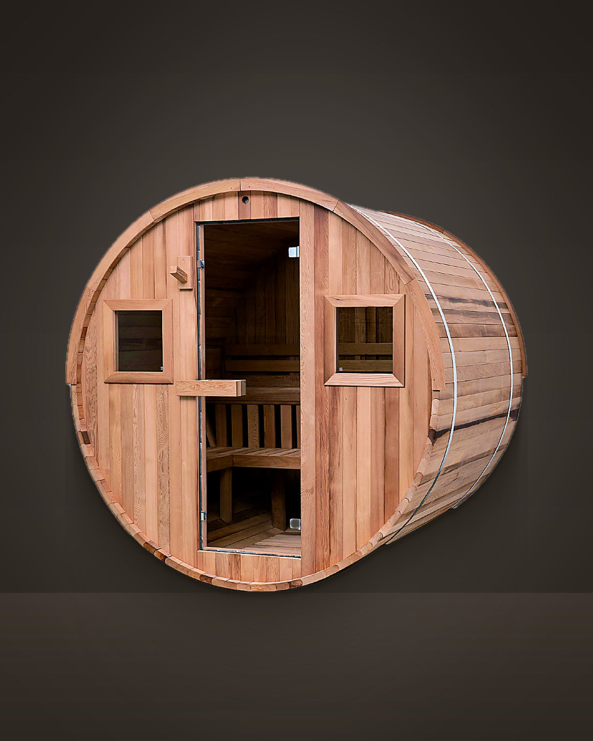 Tondo Cedar 6: outdoor barrel sauna, red cedar staves, clear grade. Glass door and two square windows.