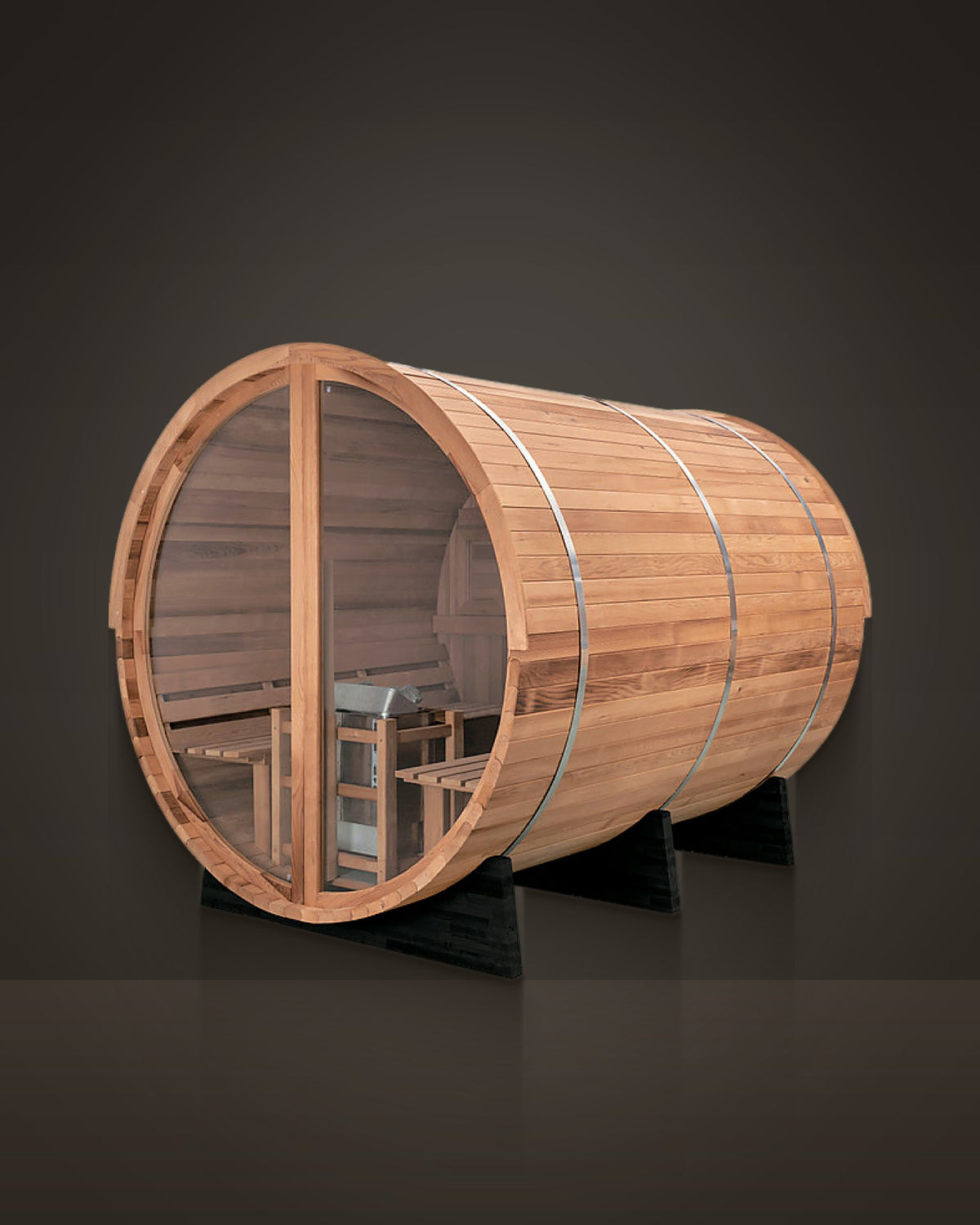 Tondo Glass 6: outdoor barrel sauna, red cedar staves, clear grade. Full round glass front.